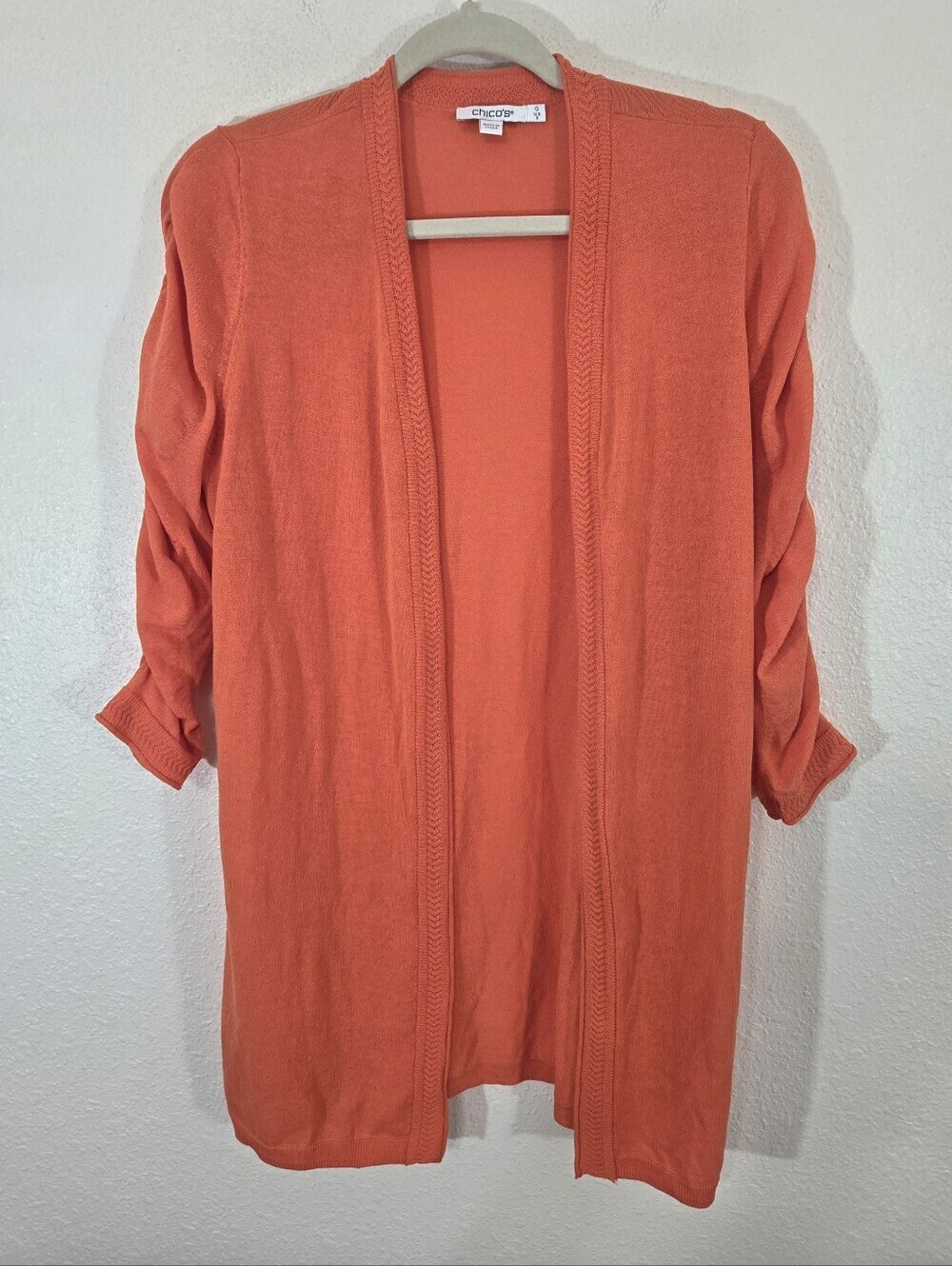 Chico's Open Front Vibrant Coral-Orange Cardigan Lightweight Office, 0 (Small)
